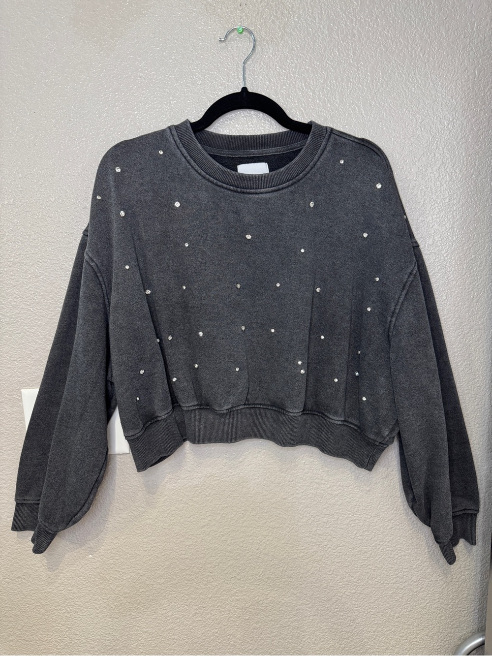 Lazy Sunday Rhinestone Cropped Sweatshirt Charcoal Gray Oversized XL